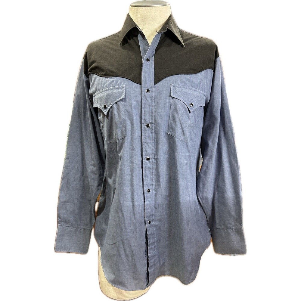 Plains Western Wear Mens Snap Button Down Shirt Medium Blue Black Contrast Yoke